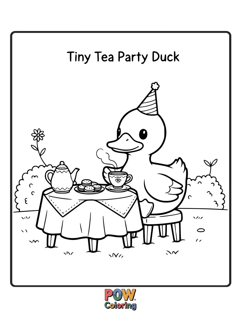 Free coloring page of An adorable duck enjoying a delightful miniature tea party with tiny cakes and teacups.