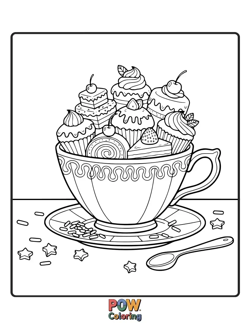 Free coloring page of Miniature cakes charmingly nestled inside delicate teacups, complete with tiny spoons and floral accents.