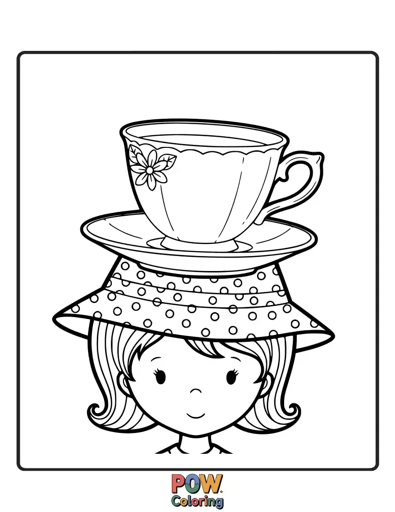 Free coloring page of A delicate hat in the shape of a teacup, complete with a saucer and a tiny spoon. So elegant!
