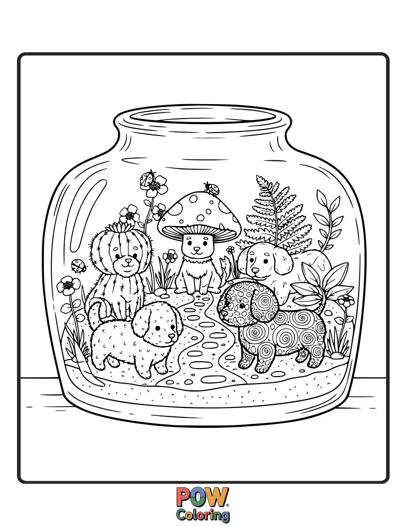 Free coloring page of Adorable miniature dogs living in whimsical terrariums filled with tiny plants, mushrooms, and sparkling crystals for a delightful scene.