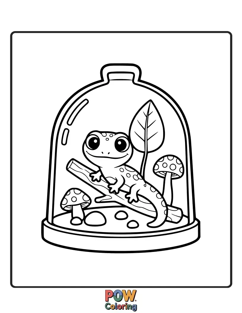 Free coloring page of A miniature lizard enjoying a tiny wonderland filled with moss, pebbles, and a little mushroom house.