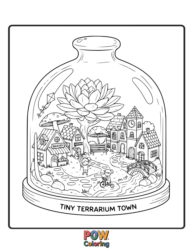 Free coloring page of Miniature buildings nestled within lush, vibrant terrariums. A delightful, self-contained miniature urban ecosystem.
