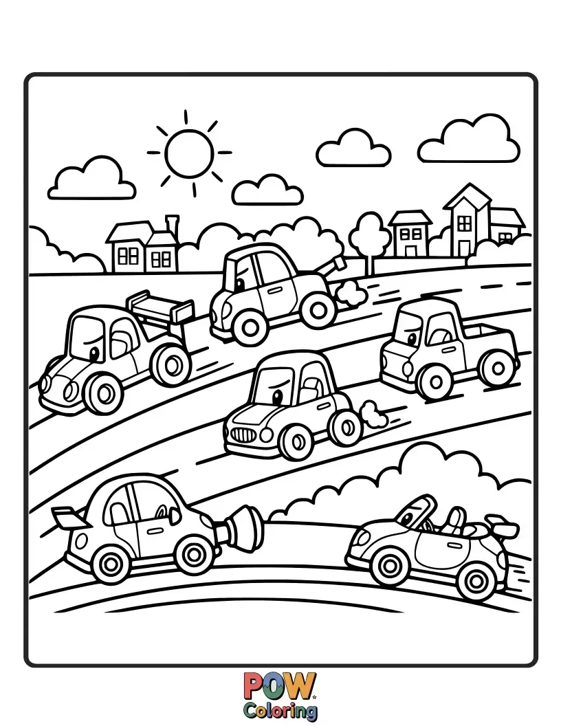 Free coloring page of Little miniature cars with big, friendly eyes, ready for a colorful adventure on a playful playmat.