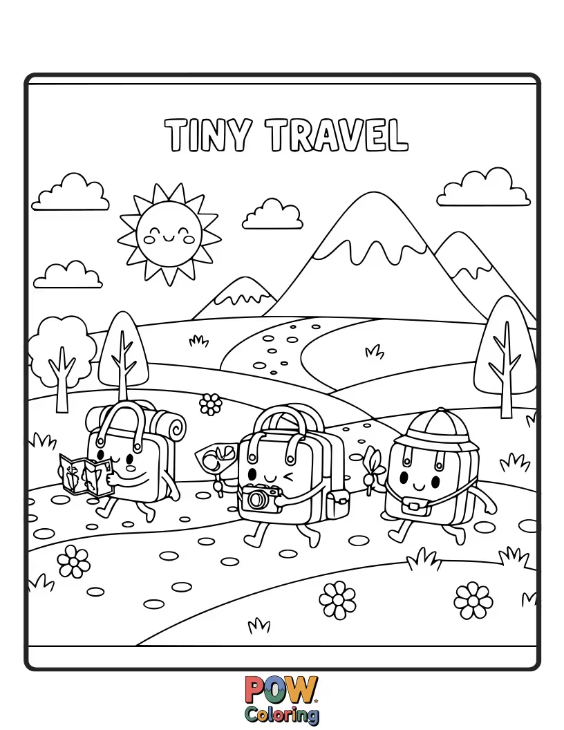Free coloring page of Miniature, stylish travel bags with little wheels and handles, perfect for dreaming up grand adventures and mini getaways.