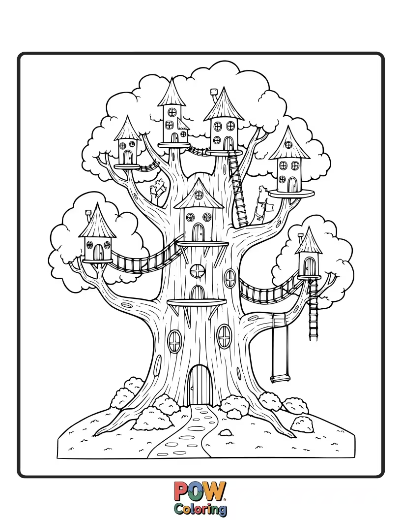 Free coloring page of A collection of miniature trees, each with its own personality, forming a charming, tiny forest village.