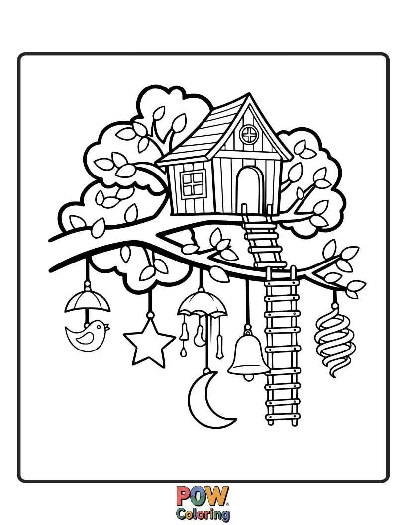 Free coloring page of Charming wind chimes hanging from the branches of a cozy little treehouse.