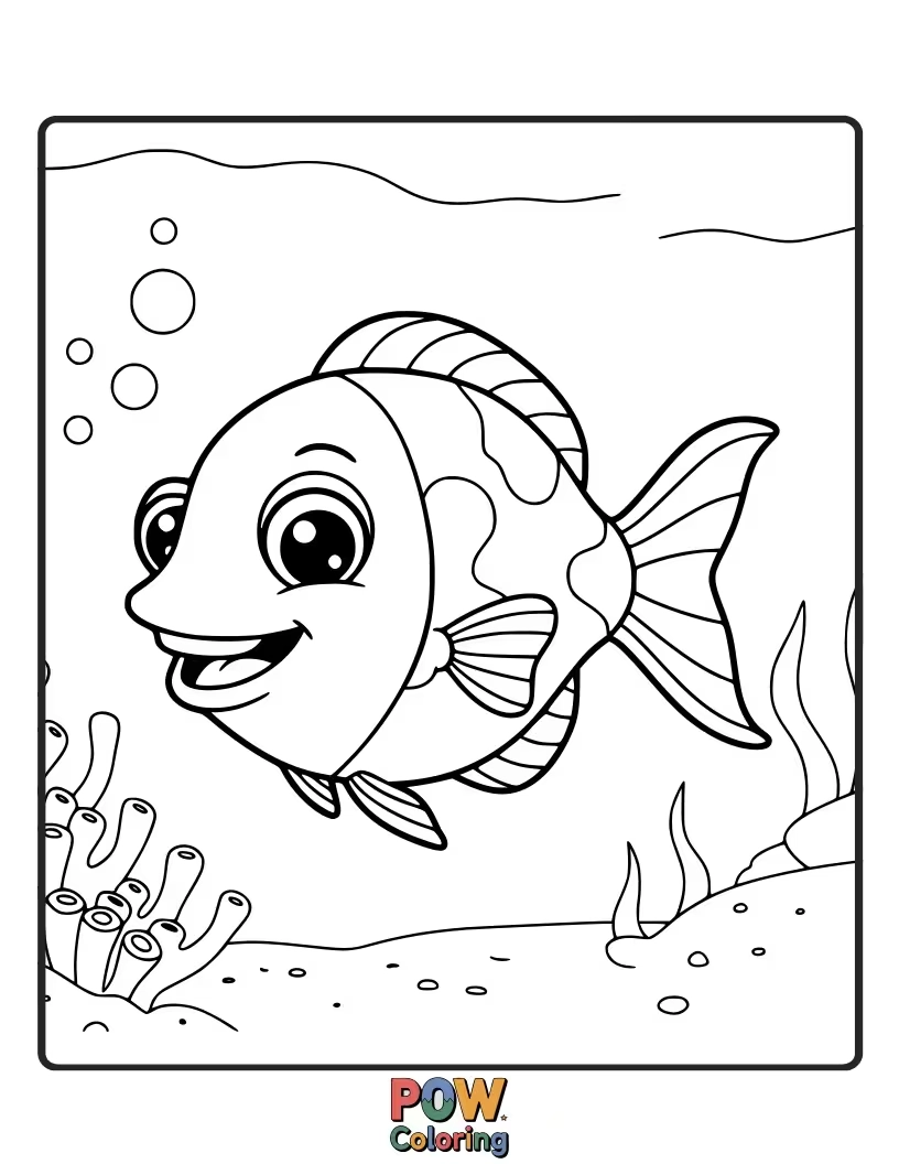 Free coloring page of A small, brightly colored tropical fish outline, perfect for encouraging creativity and learning about different sea creatures.