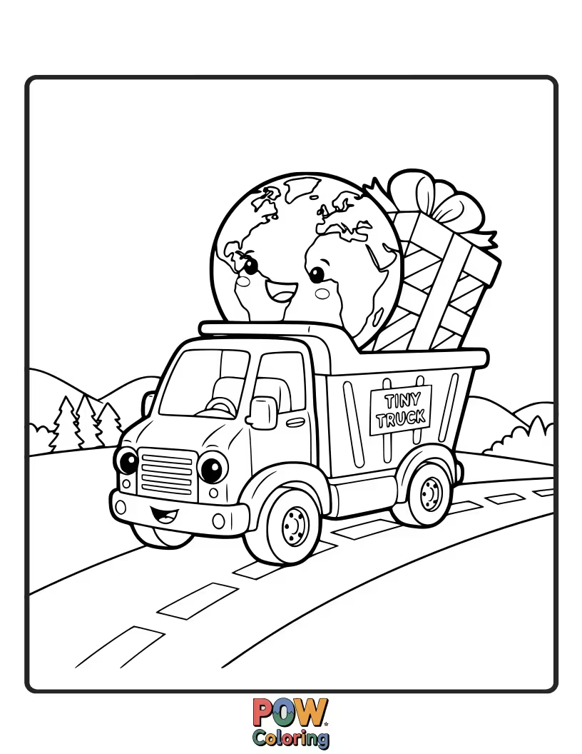 Free coloring page of A small toy truck carrying a flower that is much larger than itself.