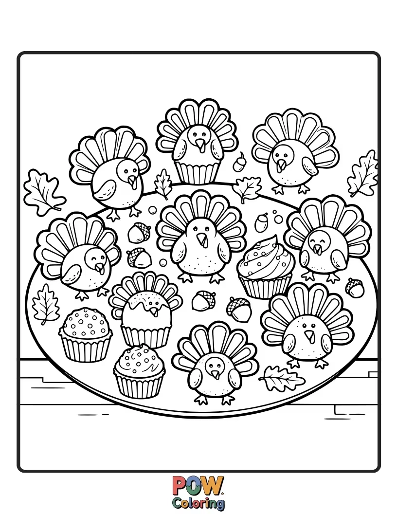Free coloring page of A tiny, adorable turkey peeking out from behind a pile of delicious Thanksgiving goodies. So much to enjoy!
