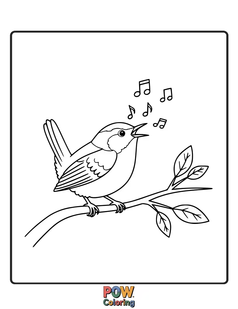 Free coloring page of A small, energetic wren singing its heart out from a delicate leafy perch.