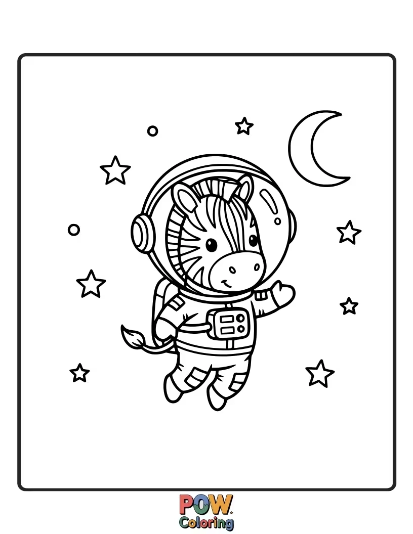 Free coloring page of Tiny zebra in a starry helmet, floating amongst colorful planets and nebulae. Ready for cosmic adventures!