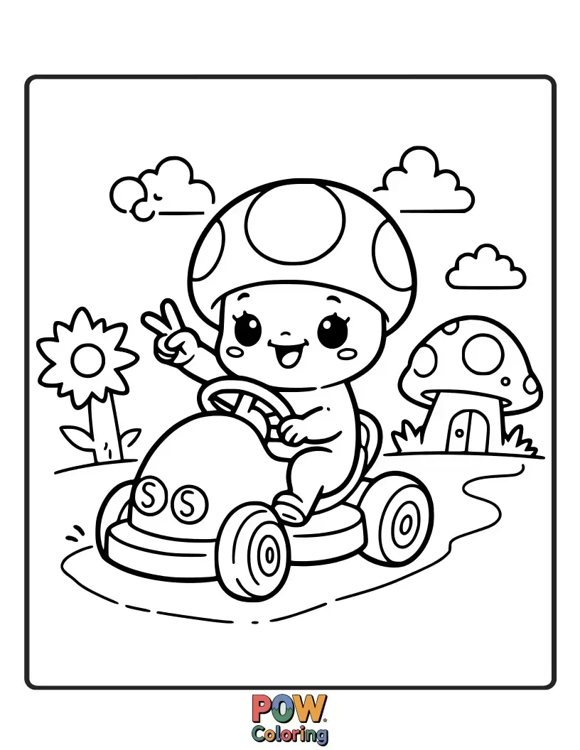 Free coloring page of Toad holding up a peace sign while driving a small kart.