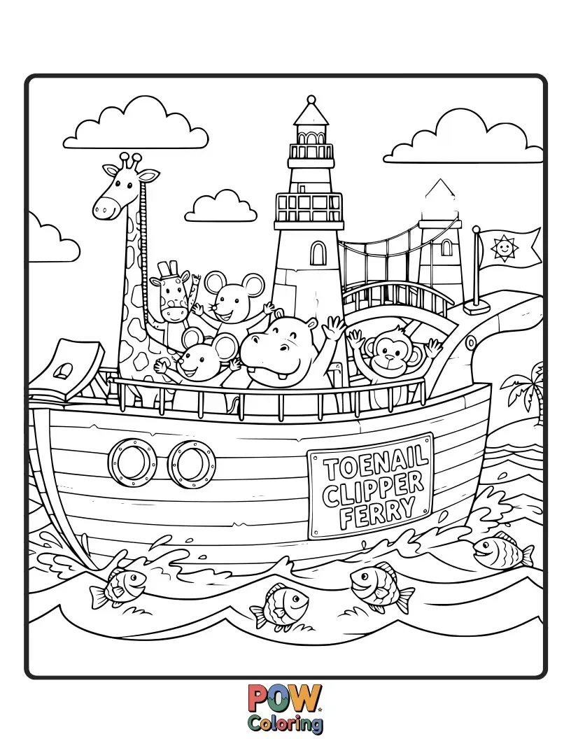 Free coloring page of An absurdly shaped ferry resembling a giant toenail clipper, hilariously transporting tiny, bewildered passengers across a puddle.