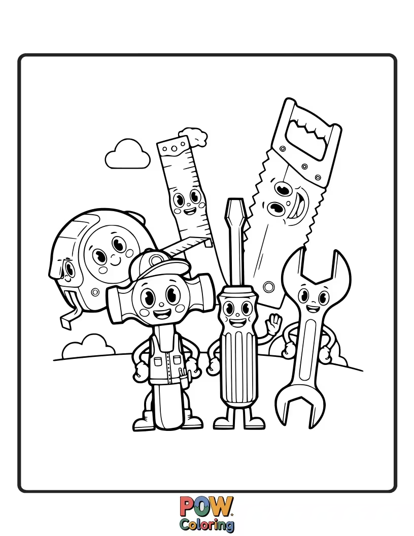 Free coloring page of Cartoon tools like a hammer and wrench having a tea party together.