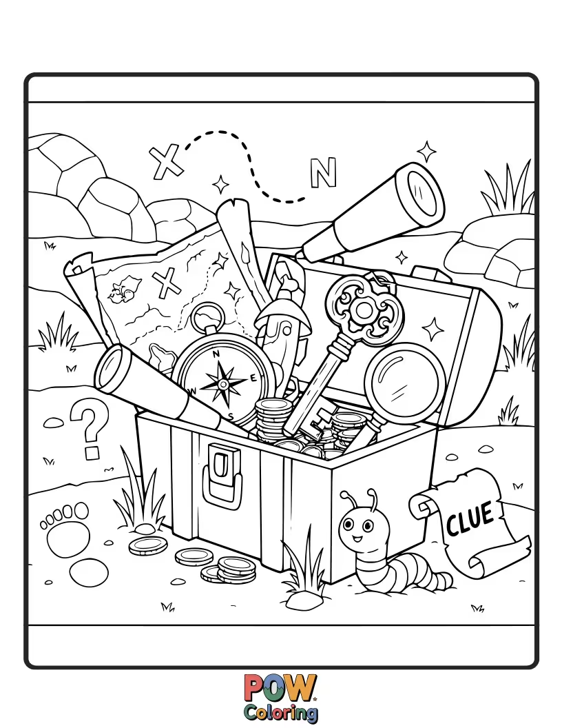 Free coloring page of A happy toolbox overflowing with colorful gems and shiny coins.