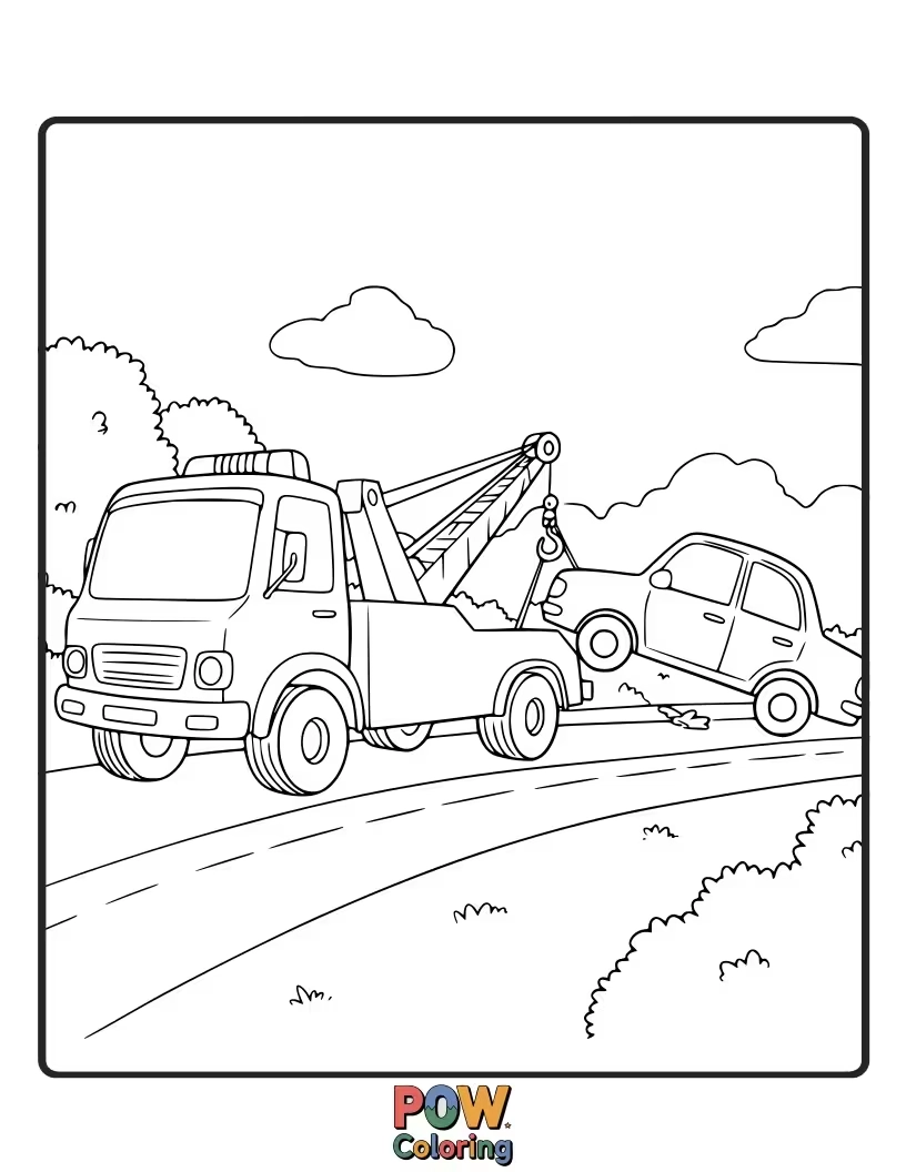 Free coloring page of This helpful tow truck is ready to assist! Color its sturdy hook and frame to show its strength.