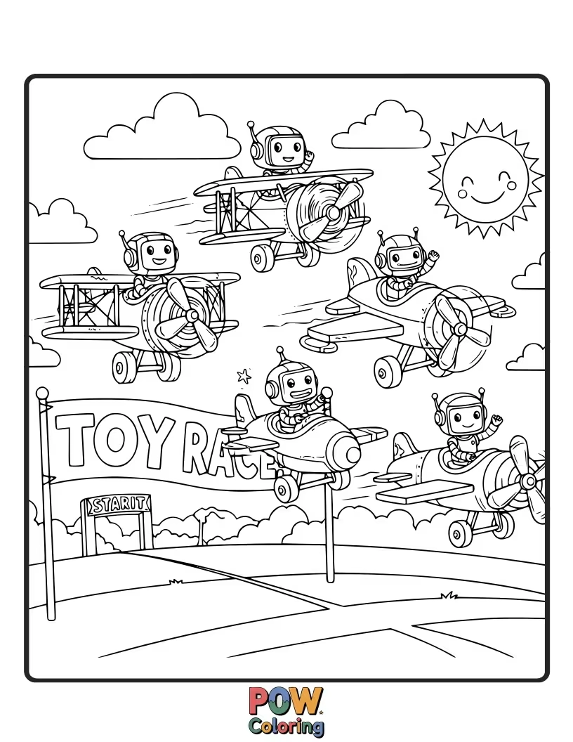 Free coloring page of Two futuristic toy robot airplanes in a friendly race, leaving streaks of light and playful sparks.