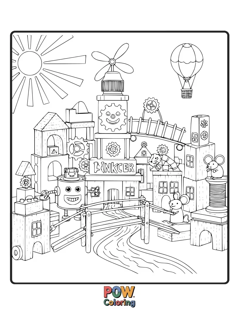 Free coloring page of A playful city built from oversized toy blocks, gears, and robots. Sparks imagination in a world of imaginative play.