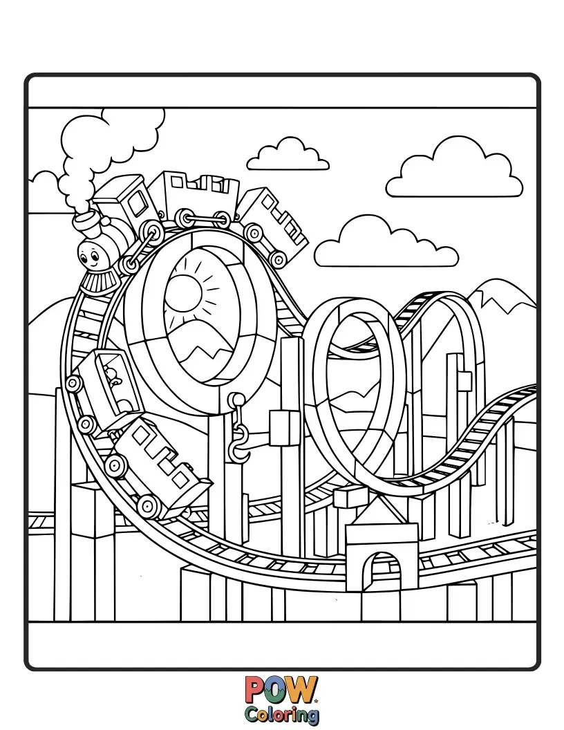 Free coloring page of This cute roller coaster resembles a beloved toy train chugging along a whimsical track.