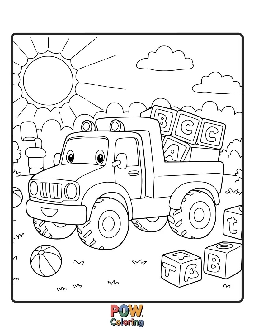 Free coloring page of A cute little toy truck, simple and perfect for tiny hands to practice their coloring skills.