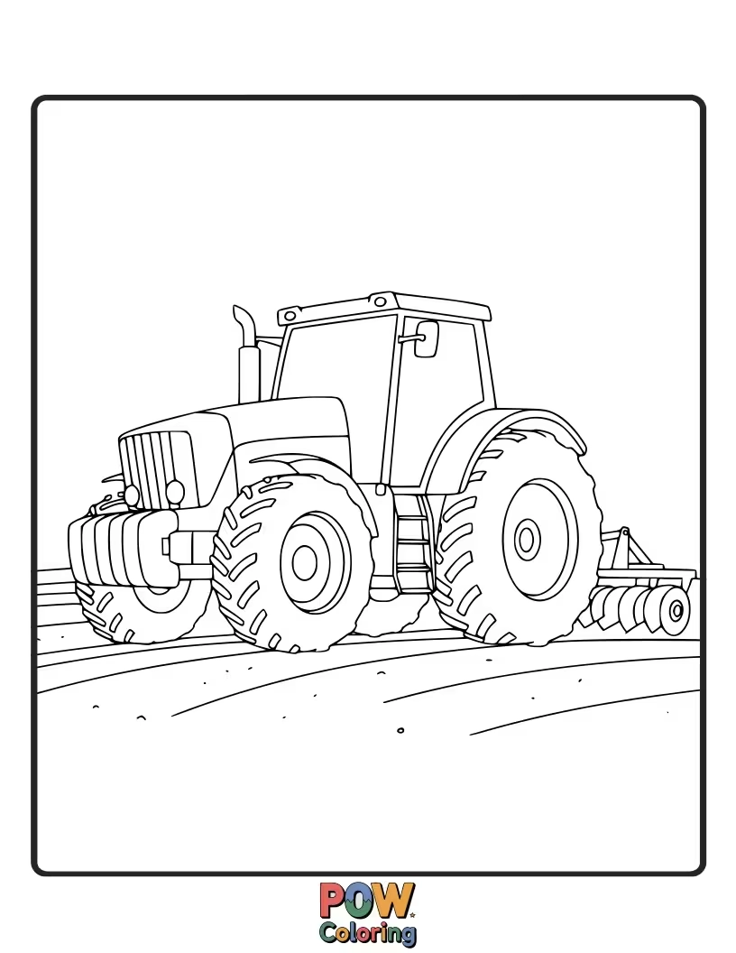 Free coloring page of A trusty farm tractor with a plow attached, ideal for coloring scenes of fields and rural life.