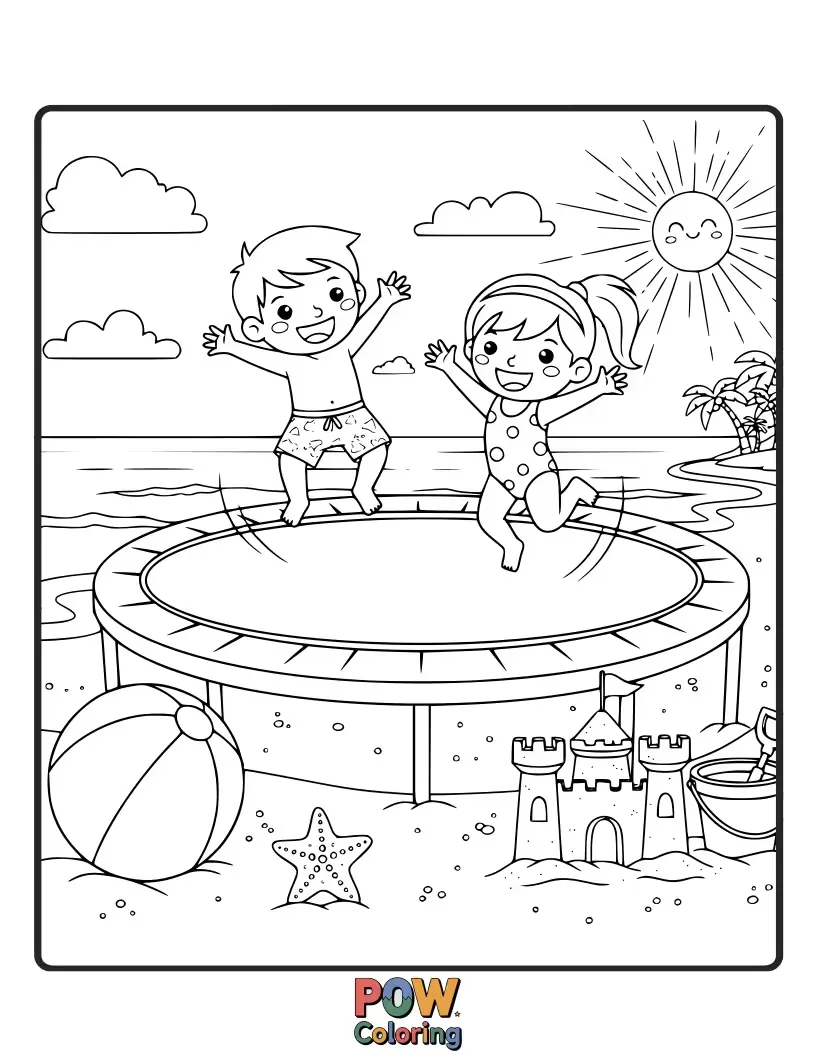 Free coloring page of Happy children in beachwear bouncing on a seaside trampoline, with waves and palm trees in the background.