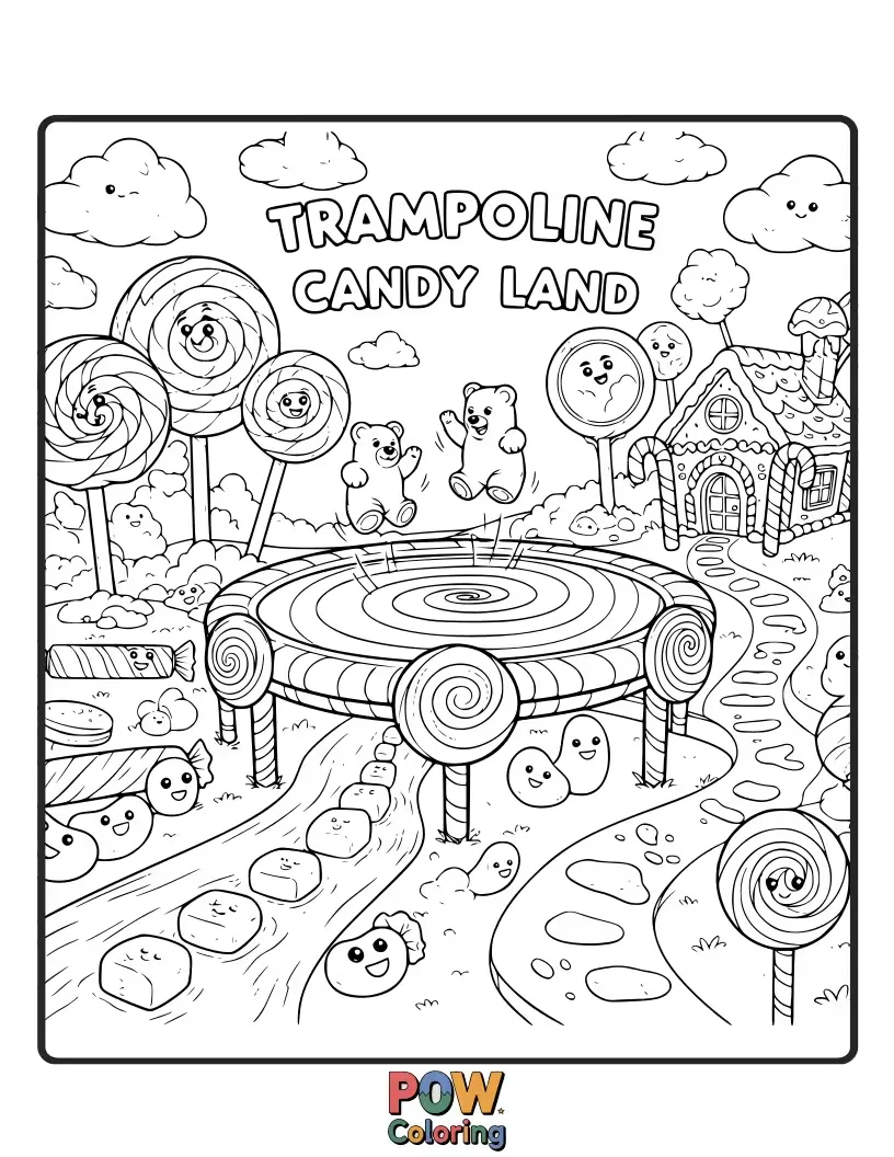 Free coloring page of A trampoline made of giant gummy bears and lollipop trees, where happy children bounce through a vibrant candy landscape.