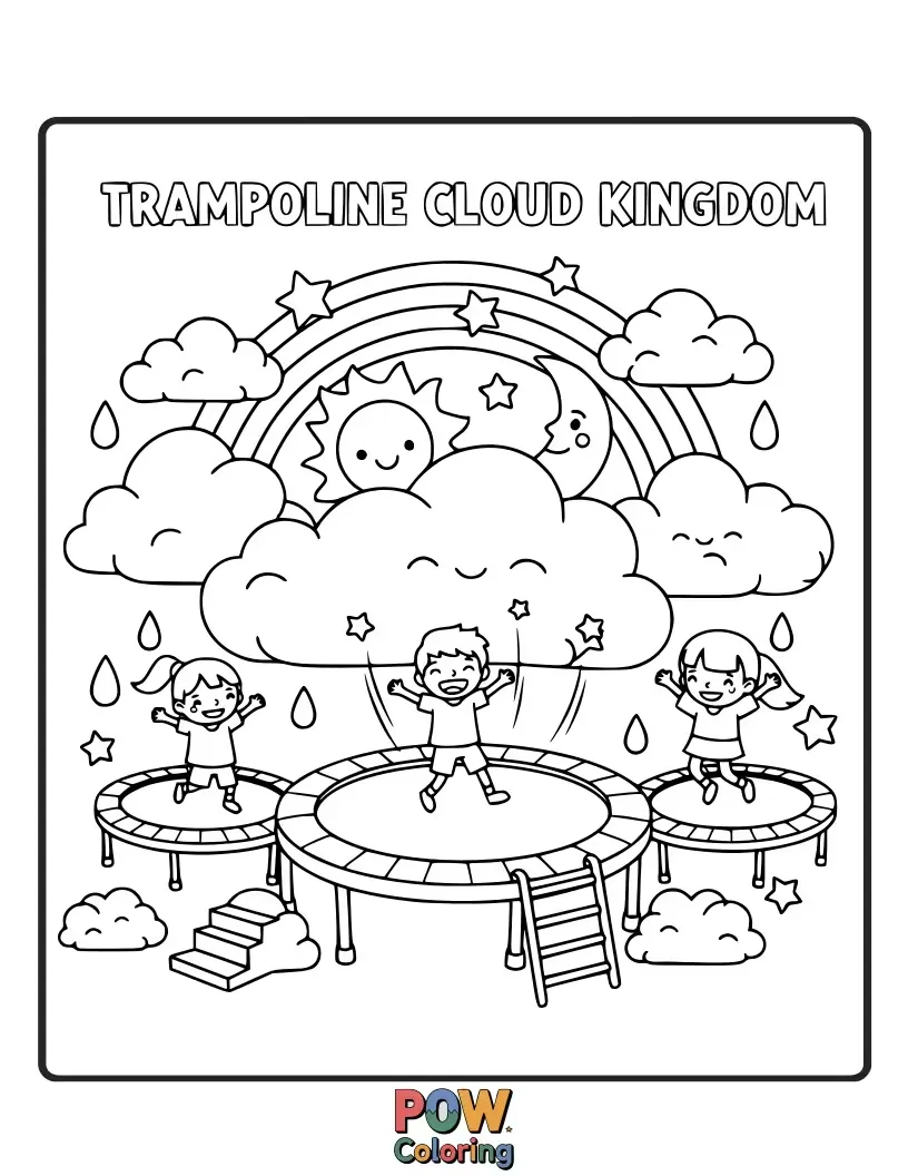 Free coloring page of A whimsical trampoline made of soft clouds, where children bounce and play amongst fluffy shapes and sky castles.