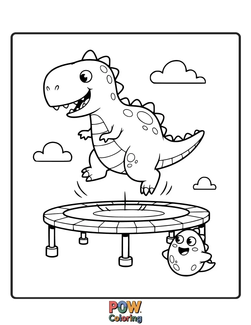 Free coloring page of A friendly dinosaur with a wide smile bouncing enthusiastically on a giant trampoline, stomping with delight.
