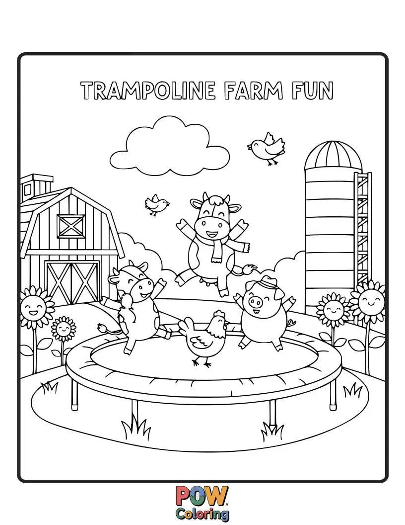 Free coloring page of A playful lamb and a curious chick bouncing together on a rustic farm trampoline, enjoying the sunny pasture.