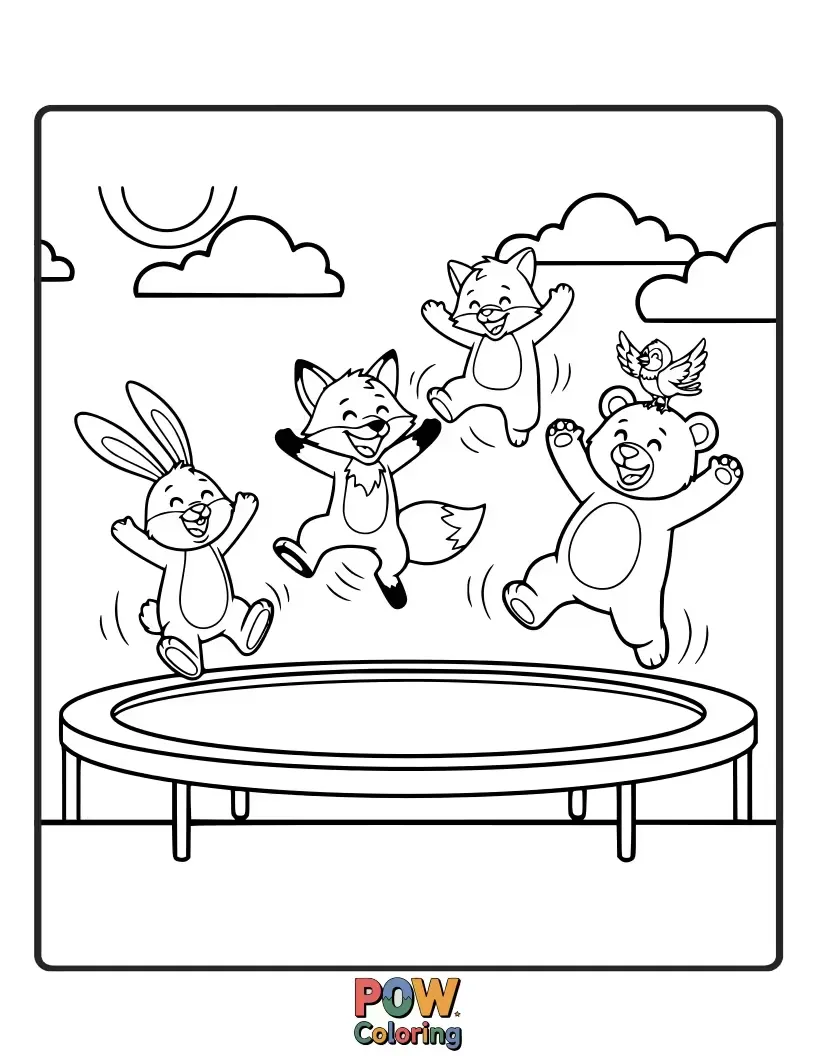 Free coloring page of Adorable woodland creatures joyfully bouncing together on a colorful trampoline, sharing laughter and sunshine. Perfect for nature lovers.