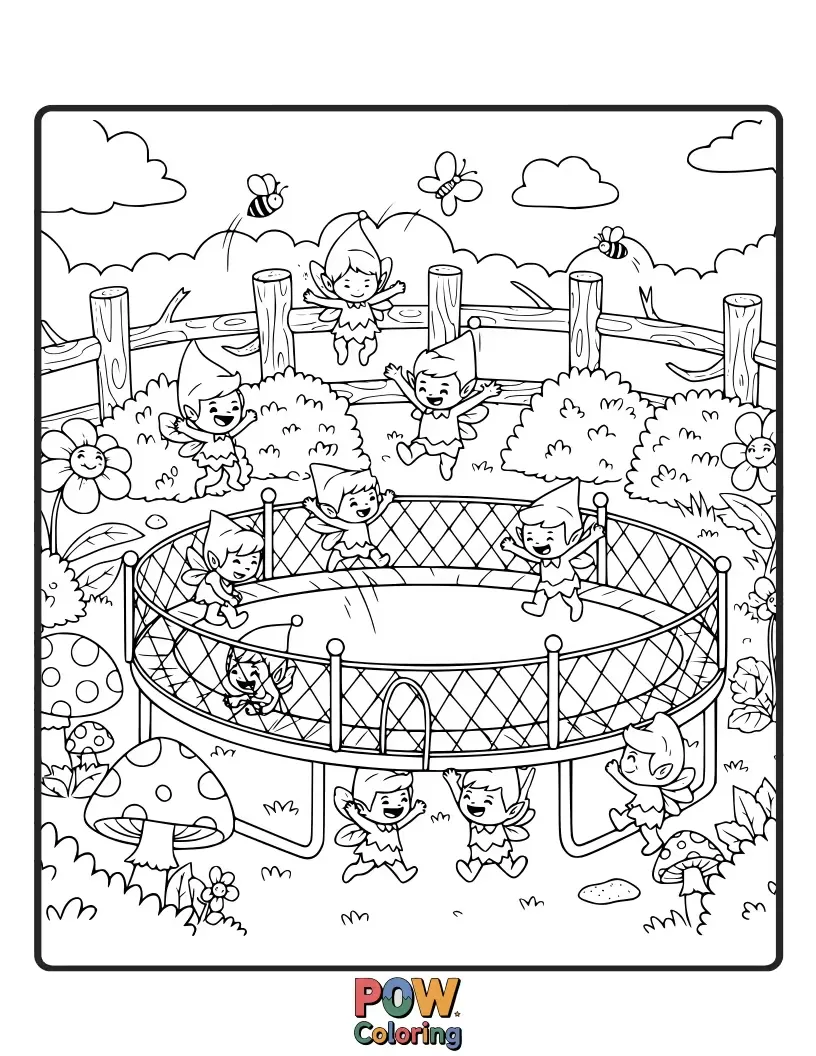 Free coloring page of Tiny, sparkling garden sprites using a large trampoline as a magical flower petal, bouncing amongst vibrant blossoms.