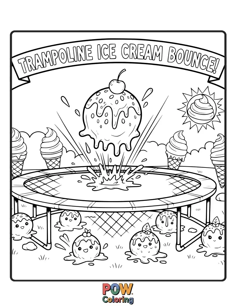 Free coloring page of A trampoline shaped like a giant ice cream cone, with children joyfully bouncing amongst sprinkles and cherries.