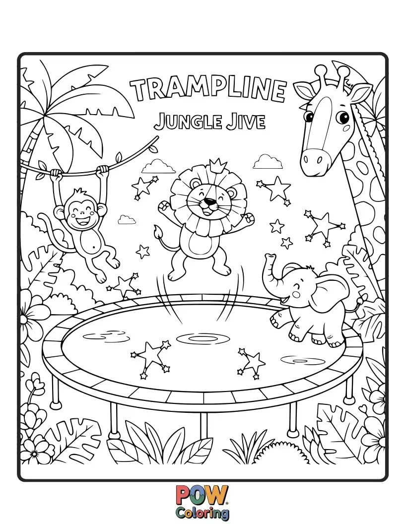 Free coloring page of A cheerful monkey and a playful parrot doing a dance routine while bouncing on a vine-covered jungle trampoline.