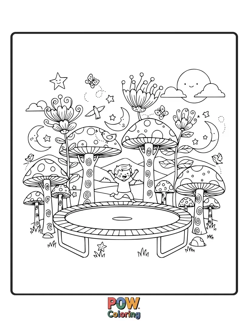 Free coloring page of A trampoline nestled in a mystical forest, with glowing mushrooms and friendly woodland creatures observing the playful bouncing.