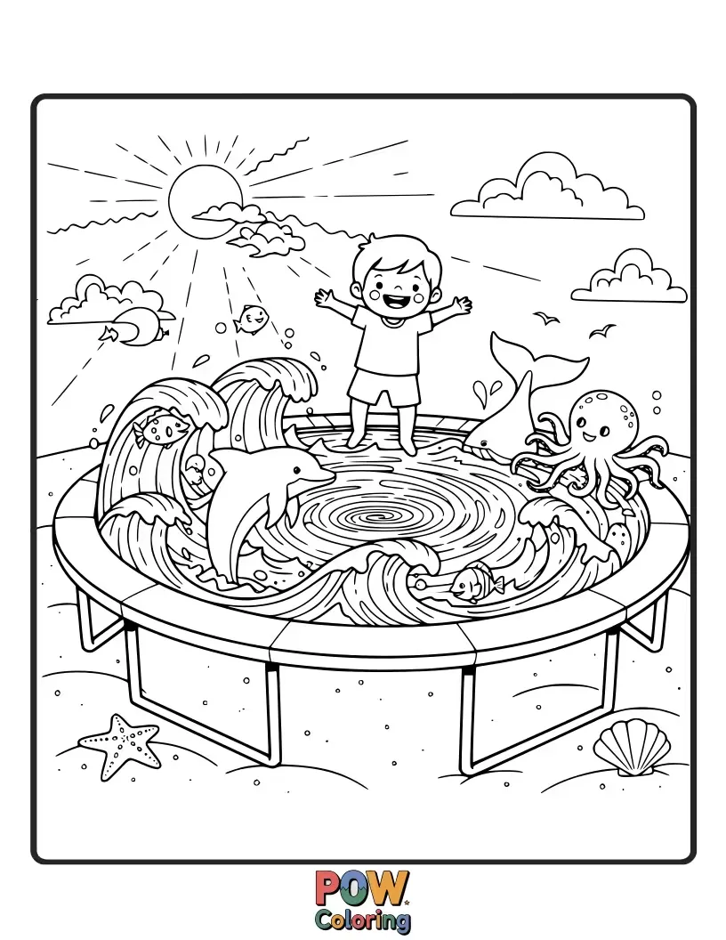 Free coloring page of A mermaid child and friendly dolphin friends bouncing on a magical trampoline over a sparkling blue ocean.