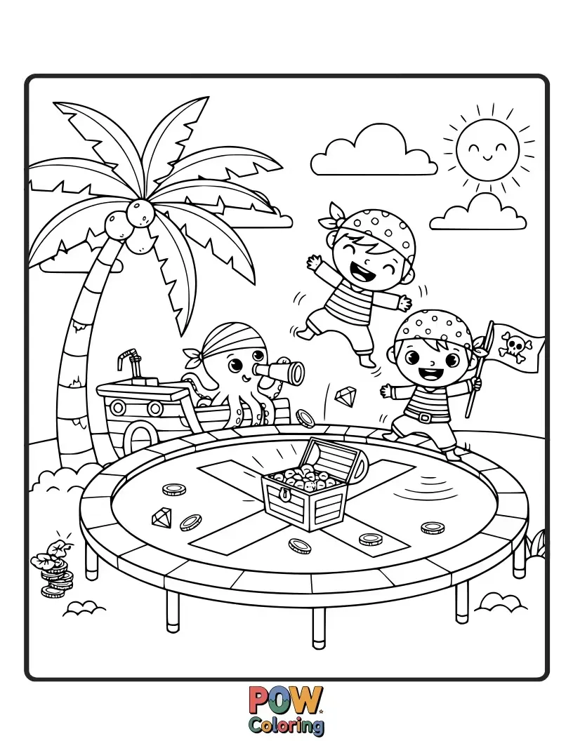Free coloring page of A swashbuckling pirate kid finding a treasure chest mid-air, bouncing high on a trampoline on a tropical island.