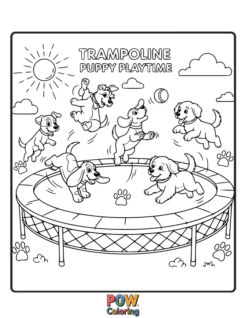 Free coloring page of A fluffy, happy puppy with floppy ears gleefully bouncing high on a trampoline, paws in the air, pure joy.