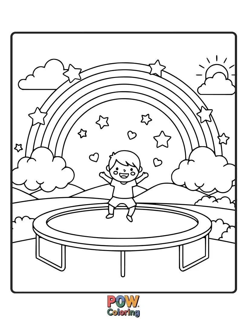 Free coloring page of A magical trampoline that springs dreams, with colorful rainbows arching over it as a child bounces among fluffy clouds.