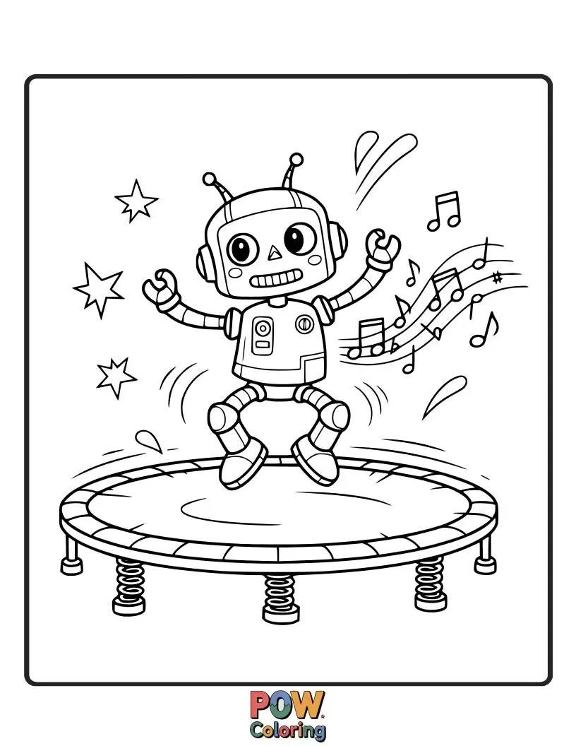 Free coloring page of A goofy robot with flashing lights bouncing to a beat on a futuristic trampoline, performing energetic moves.