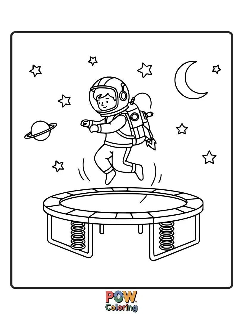 Free coloring page of A young astronaut with a helmet bouncing excitedly on a lunar trampoline, looking at Earth from space.