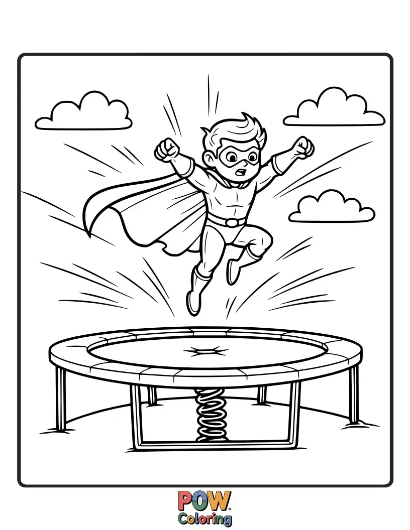 Free coloring page of A determined superhero child in a cape flying high after a powerful bounce on a super-powered trampoline.