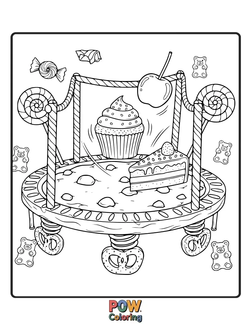 Free coloring page of A trampoline made of donuts and cupcakes, with happy children bouncing on sugary delights, a sweet and fun scene.