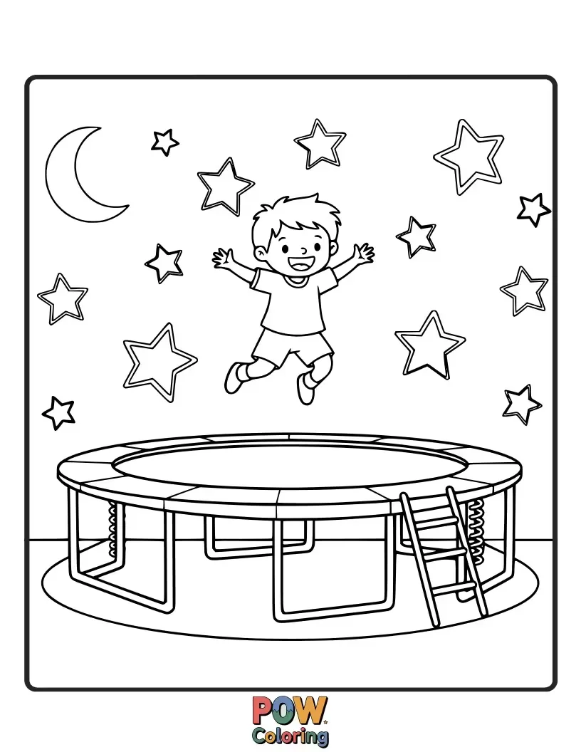 Free coloring page of A cozy trampoline under a blanket of twinkling stars, where a child gazes upwards, bouncing gently towards the moon.