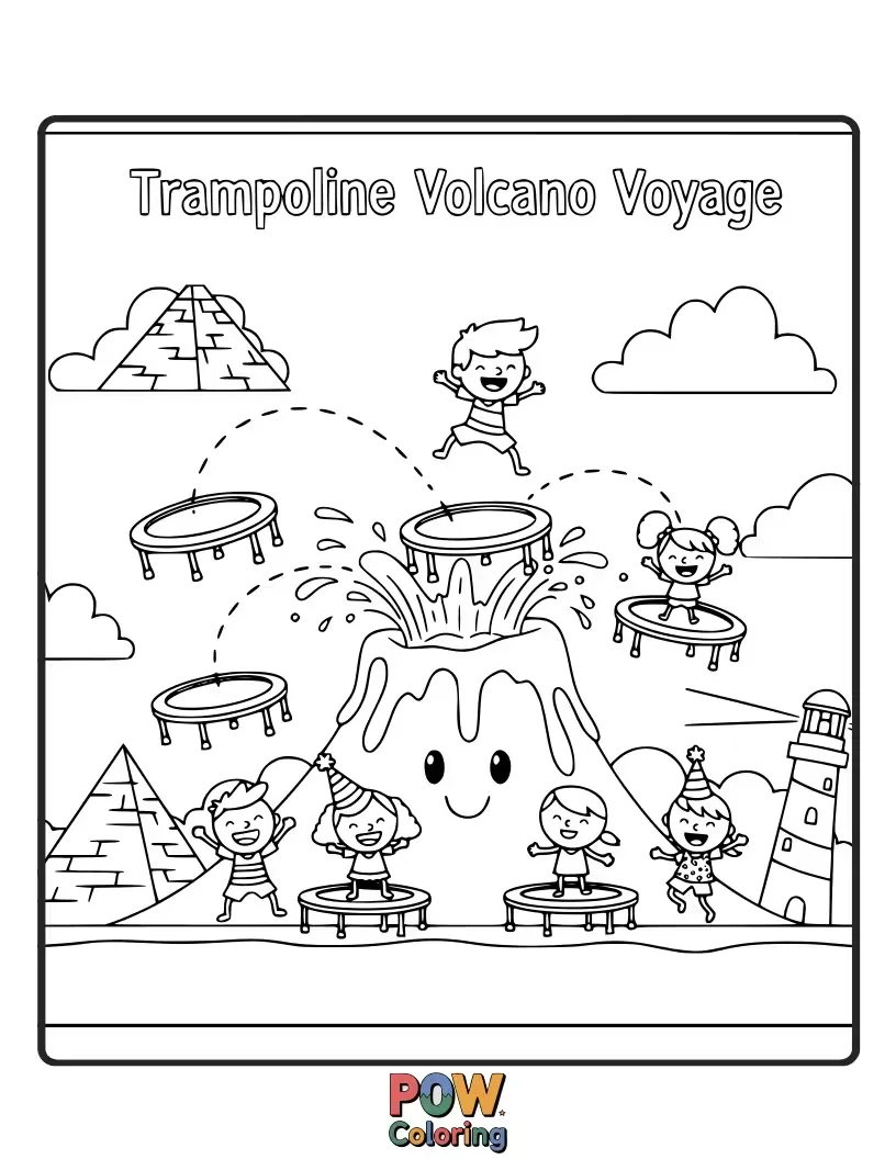 Free coloring page of A brave explorer child bouncing on a trampoline near a friendly, bubbling volcano, ready for an exciting adventure.