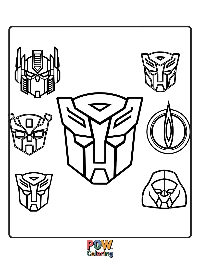 Free coloring page of A collection of iconic Autobot and Decepticon faction logos, simple yet recognizable for easy coloring.