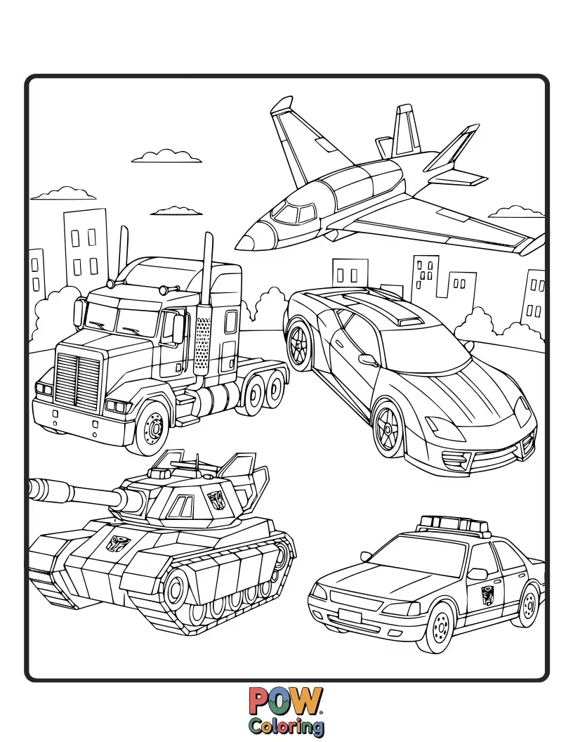 Free coloring page of A collection of popular Transformers in their alternate vehicle modes, showcasing their diverse forms.