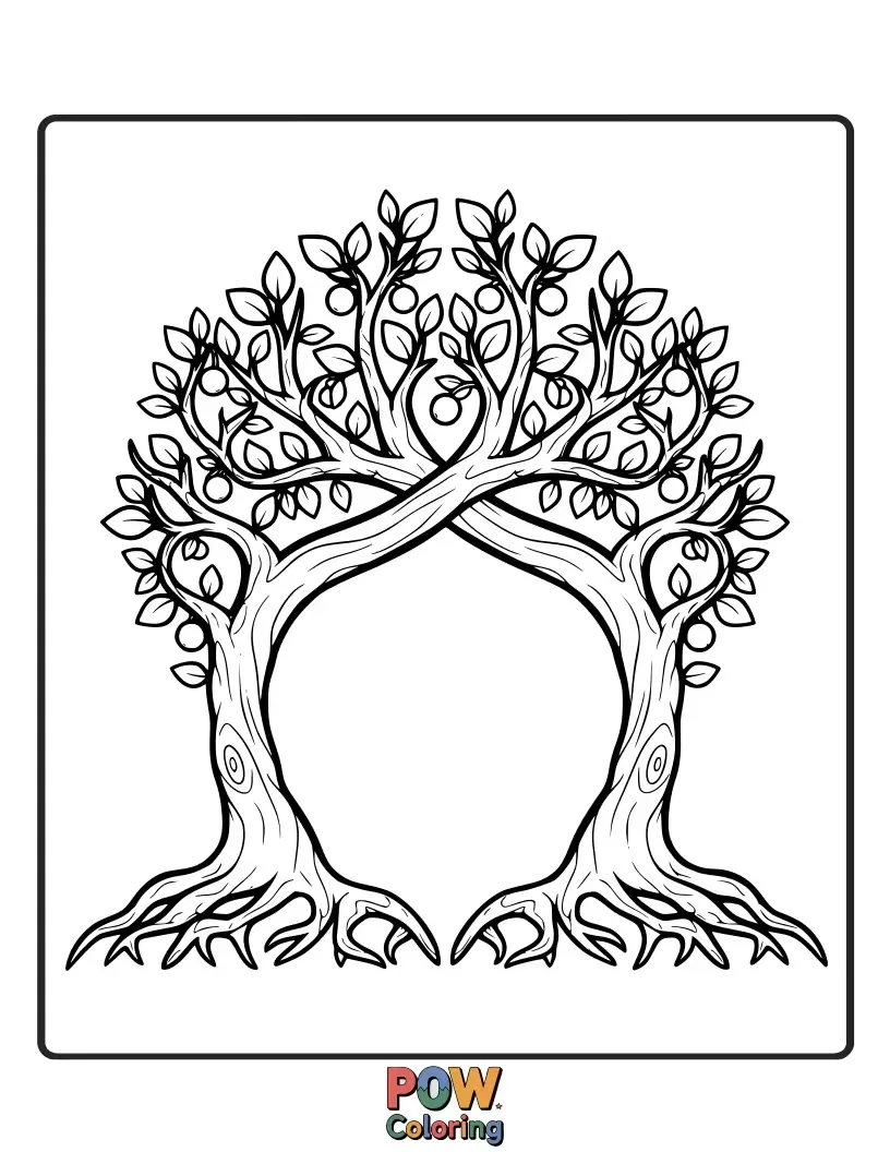 Free coloring page of An intricate crown woven from ancient tree branches, lush leaves, and hidden woodland creatures.