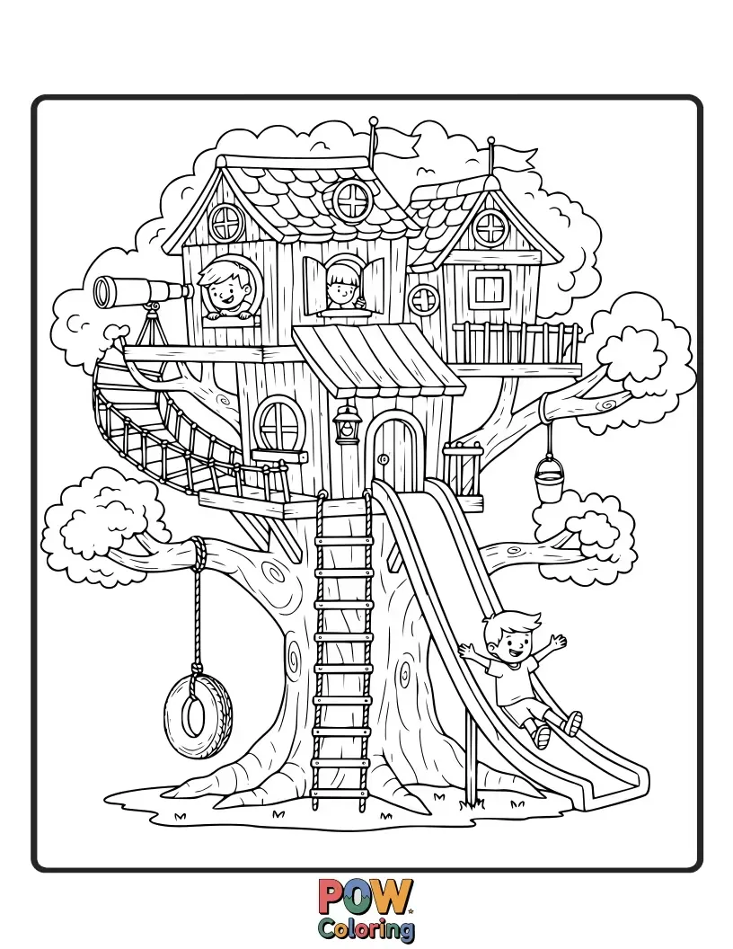 Free coloring page of A rustic treehouse nestled in a leafy branch, with a rope ladder leading up. Adventure awaits!