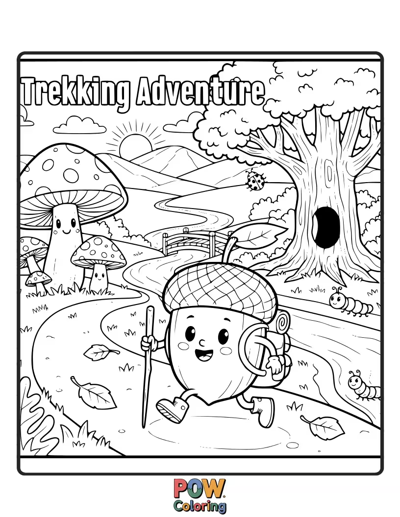 Free coloring page of A determined squirrel hauls a giant acorn up a winding path, with tiny mushroom helpers cheering him on.